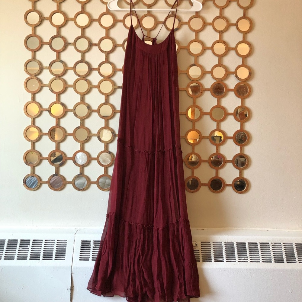 Dark red flowy dress with ruffle detail
